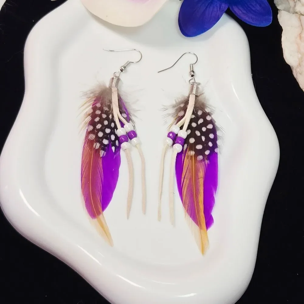 Purple Feather Earrings – Handmade Boho Beaded Tassel Dangles Hippie Bohemian